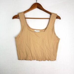 Topshop Crop Tank‎ Top Womens 12 Beige Ribbed Lace Trim Sleeveless Casual Retro
